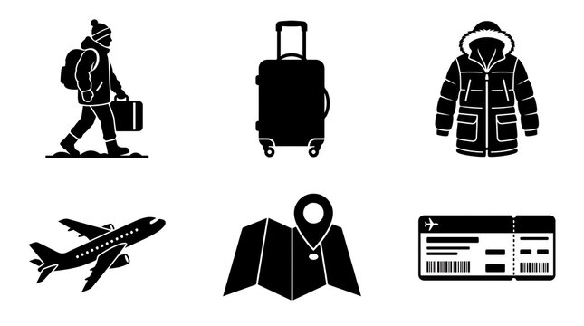 Winter travel icons with person suitcase jacket airplane map and ticket during cold season