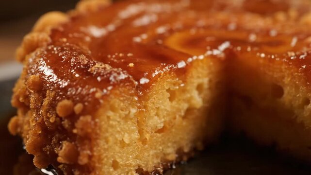 Extreme close-up shot of a rich caramel glazed dessert with a textured golden crust, showing a delicious slice removed on a dark plate