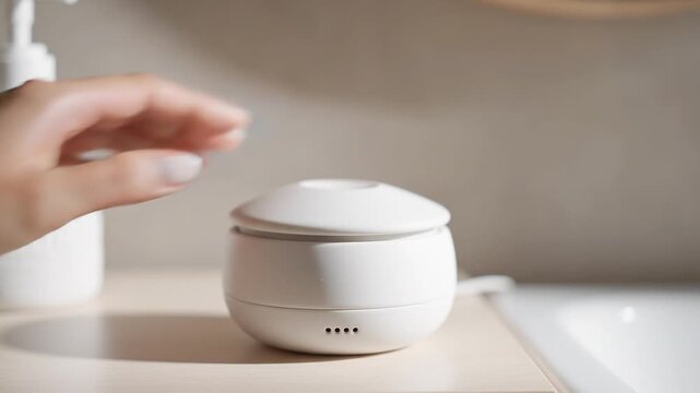 Hand opening a modern white diffuser device on a clean surface