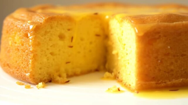 Macro close-up shot of a freshly baked golden glazed cake with a slice removed, showcasing the moist texture and glistening sugar glaze on a white plate.