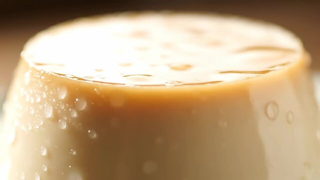 Macro Shot of Delicious Chilled Cr&egrave;me Caramel Dessert Topped with Glossy Caramel Sauce, Featuring Condensation Droplets on the Smooth Surface.