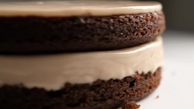 Macro close-up shot of decadent layered chocolate sponge cake filled and topped with smooth creamy caramel frosting or mousse filling.