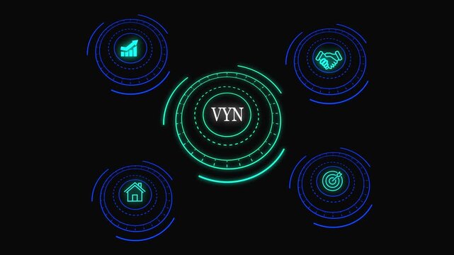 VYN Business Growth Strategy with Partnership, Target and Real Estate Neon Icons and Business Growth Strategy with Partnership, Target and Property Icons.