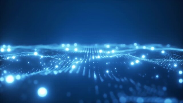 Abstract blue digital landscape featuring glowing light particles and data waves for technology connectivity and artificial intelligence concepts