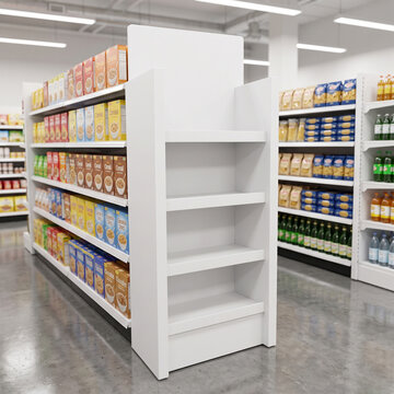 Sturdy White Wood FSDU Display Rack Mockup in Supermarket Aisle