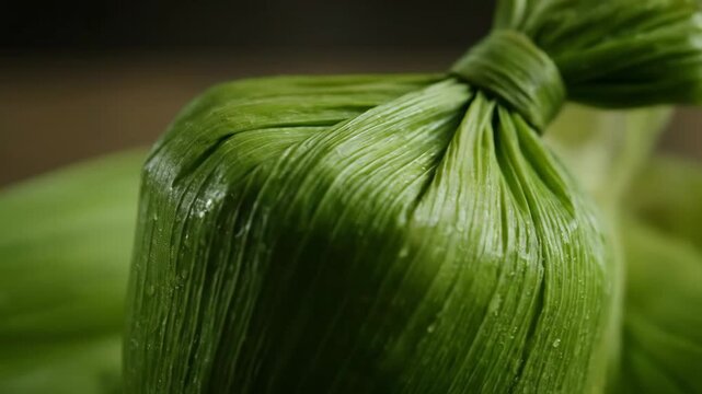 Macro close-up of a fresh tamale wrapped in a tight, moist green corn husk, highlighting the textured leaf wrapper of this traditional Latin American steamed corn dough dish.
