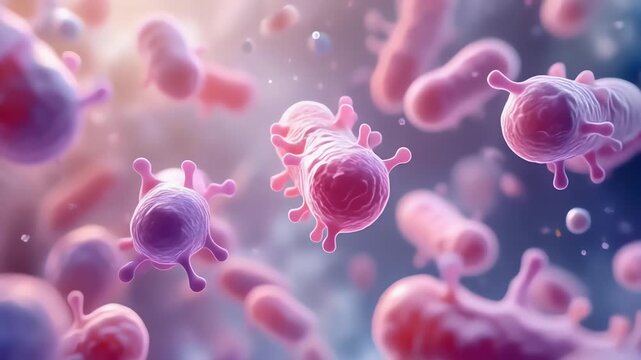 Microscopic view of pink bacteria or virus cells, scientific medical visualization of microorganisms