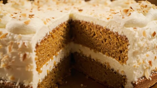 Delicious layer cake featuring moist sponge, thick cream cheese frosting, and nut topping, with a slice already cut, emphasizing the rich texture of the baked dessert.