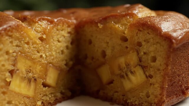 Extreme Close Up of Moist Banana Cake or Caramel Upside Down Cake Showing Sliced Texture and Fruit Chunks Inside