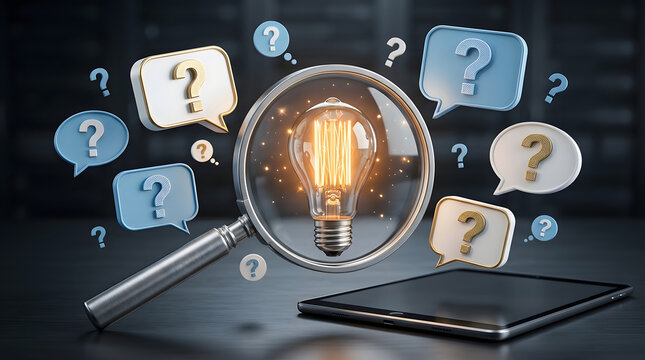 Magnifying Glass Focusing on Glowing Light Bulb Surrounded by Question Mark Speech Bubbles and Digital Tablet on Desk, Concept of Finding Solutions, Troubleshooting, and Innovative Ideas