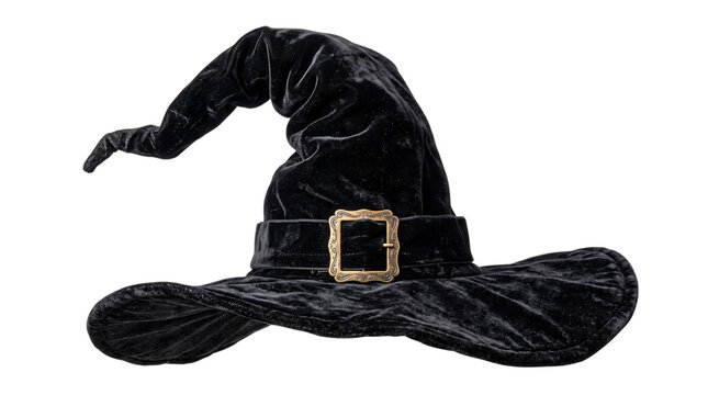 Black velvet witch hat with gold buckle isolated on transparent background