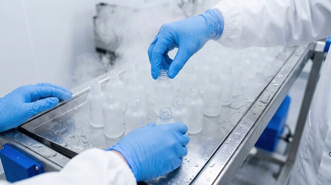 Laboratory technicians handling vials on cold metallic surface in sterile cleanroom, for scientific research and sample preservation.