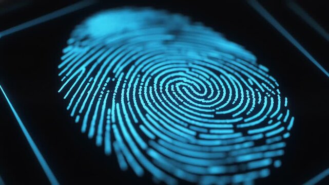Close Up of Glowing Blue and Teal Biometric Fingerprint Scanner for Digital Cyber Security Authentication