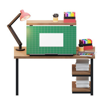 3D render of an illustrator workspace with a drawing board, markers, and lamp on a wooden desk