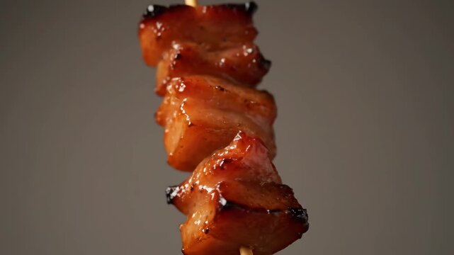 Extreme close-up of juicy, caramelized grilled meat pieces (pork belly or chicken) on a wooden skewer, highlighting the glossy glaze and savory texture against a simple dark background.