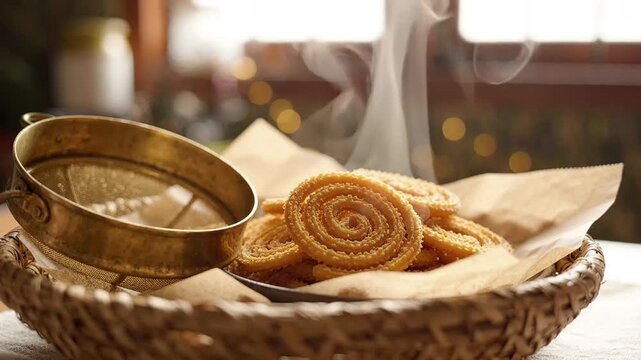 Traditional fried chakli murukku snack steaming in a woven basket with a brass strainer on a wooden kitchen table during diwali festival celebration stock video footage clip.