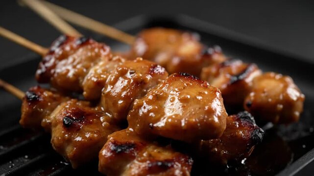 Close-up of Glossy BBQ Grilled Chicken Skewers (Yakitori or Satay) Coated in Sweet Savory Sauce Resting on a Black Griddle Pan against a Dark Background.