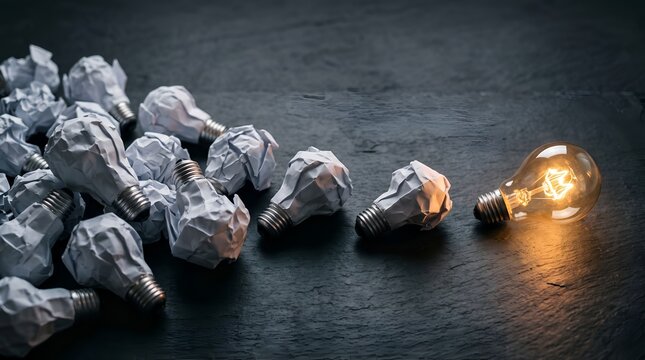 Glowing incandescent light bulb as a symbol of successful creative idea standing out from failed attempts represented by crumpled paper bulbs on dark stone background for business innovation concept.