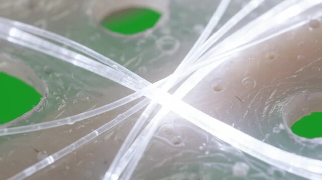 Transparent flexible material with glowing white fiber optic strands in macro