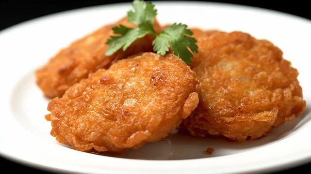 Close-up of golden brown crispy fried fish cakes served on a white plate and garnished with fresh cilantro on a black background.