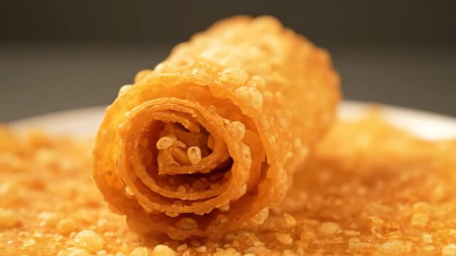 Macro Shot of a Crispy Golden Deep-Fried Rolled Sweet Pastry with Bubbly Texture on a Plate