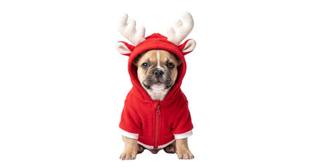 French bulldog puppy wearing red reindeer holiday hoodie © Kate Songchai