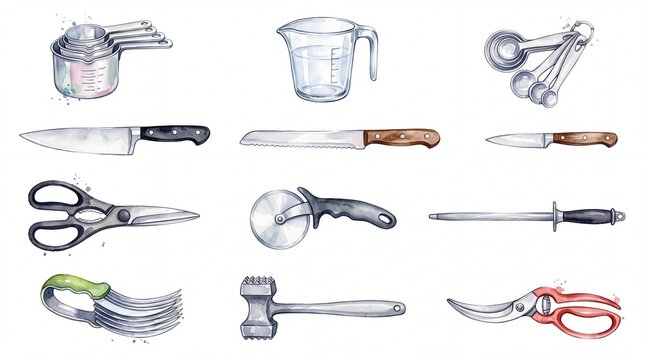 Kitchen utensils and culinary tools in watercolor style