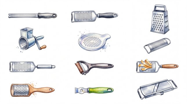 Kitchen utensils collection featuring metal graters and peelers