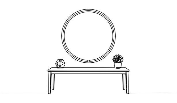 Round hanging mirror and long rectangular table with decorative sculpture line art