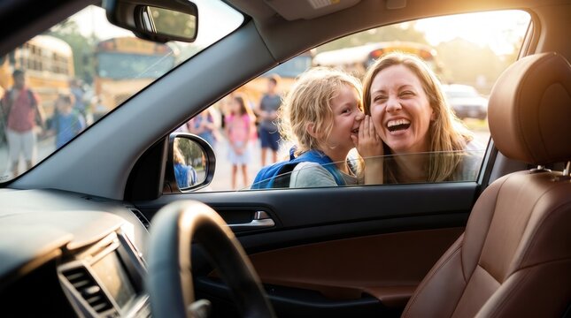Happy daughter whispering secret to laughing mother through car window at school bus stop, capturing heartwarming parenting bond and back to school routine for family lifestyle marketing.