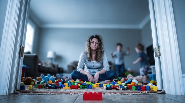 Exhausted mother sitting on a messy floor with building blocks and toys, representing parenting burnout and household chaos for mental health awareness and family counseling marketing.