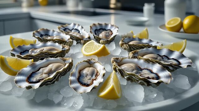 Fresh Oysters on Crushed Ice with Lemon Wedges Ready to Serve
