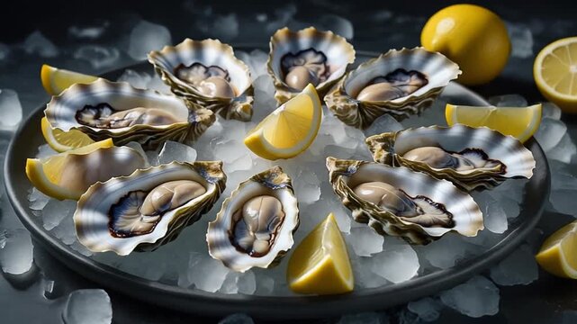 Fresh oysters arranged on crushed ice and garnished with lemon wedges