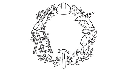 Naklejka premium tools arranged in a circular wreath design with foliage