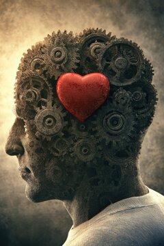 Profile of a head filled with complex layered cogs and gears, and a central red heart