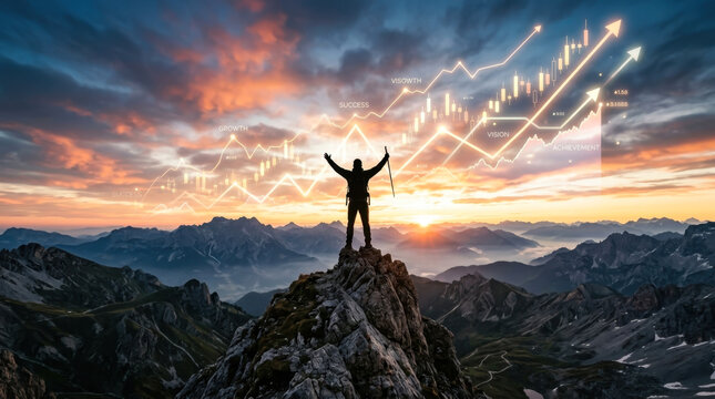 Hiker on Mountain Peak with Financial Success Chart