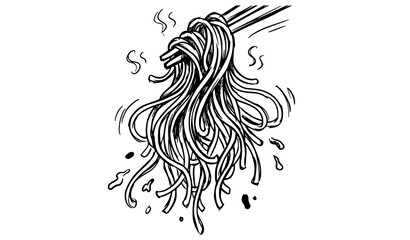 Fototapeta premium Noodles lifted with chopsticks steaming hand drawn black and white sketch vector illustration asian food design