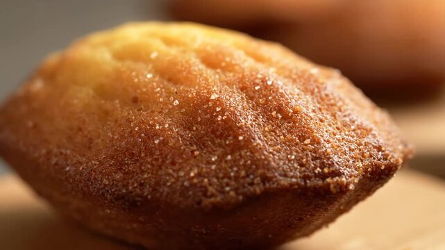 Macro shot of a perfectly baked golden French Madeleine cake dusted with sparkling granulated sugar, emphasizing the sweet texture and rich dessert appeal.