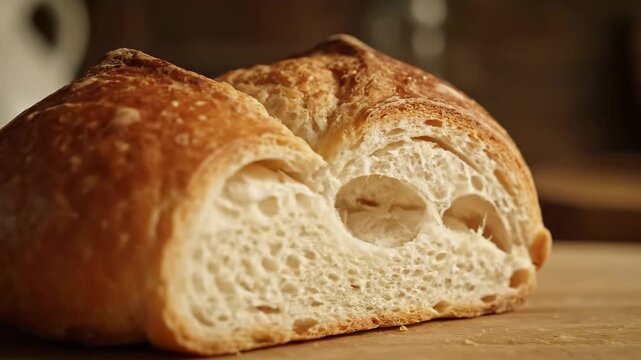 Close-up of Golden Brown Crusty Artisan Loaf of Fresh Bread Resting on a Wooden Table Surface in Warm Lighting, Highlighting the Appetizing Texture.