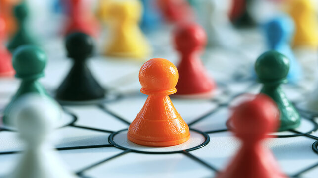 Network of Pawns: A close-up of colorful pawns connected by a network, symbolizing connections, strategy, and community.