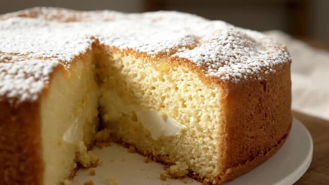 Delicious golden sponge cake covered in powdered sugar, sitting on a white plate with a missing slice ready to be served.