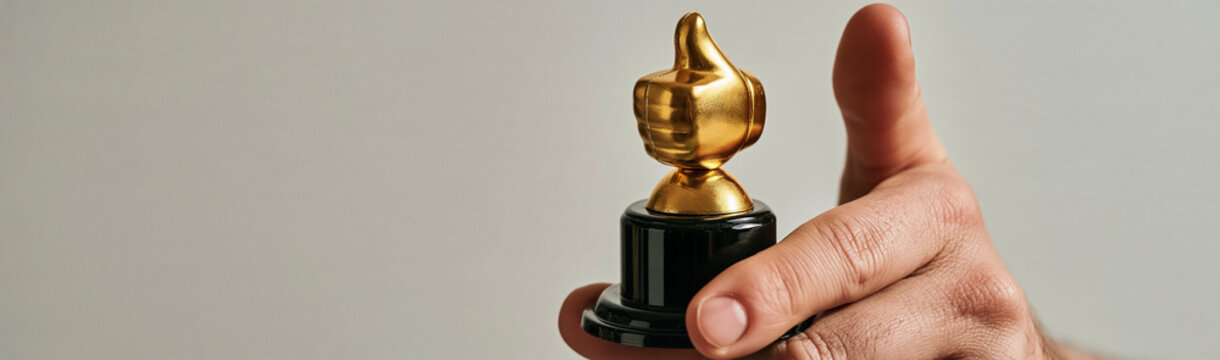 Thumbs Up Award: A hand holds a small golden trophy shaped like a thumbs-up gesture, symbolizing approval and success, presented against a neutral background.