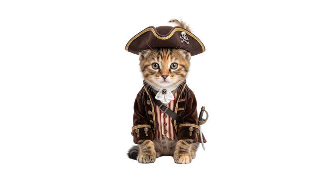 Cute tabby kitten wearing a pirate costume