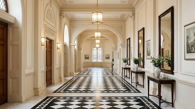 Elegant Grand Hallway with Ornate Details and Patterned Marble Floor