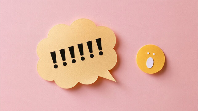 Shocking Expression: A stylized yellow face with wide-open mouth and eyes shows extreme surprise, with a yellow speech bubble filled with exclamation marks to its left, emphasizing the shock.