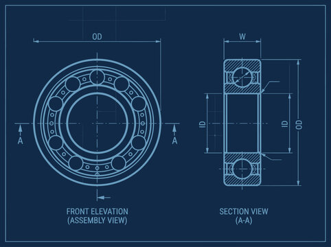 Technical schematic drawing showcasing the precise mechanical assembly and internal cross-section design of a steel radial ball bearing unit