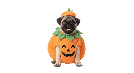 Cute pug puppy wearing Halloween pumpkin costume © Kate Songchai