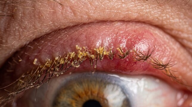 Extreme macro closeup of blepharitis and demodex lash mites skin condition on human eye lid