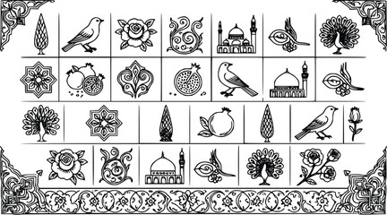 Intricate black and white vector illustration set displaying traditional persian motifs including blooming roses, ornate mosques, birds, and fresh pomegranates © Arun