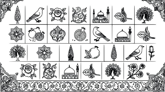 Intricate black and white vector illustration set displaying traditional persian motifs including blooming roses, ornate mosques, birds, and fresh pomegranates